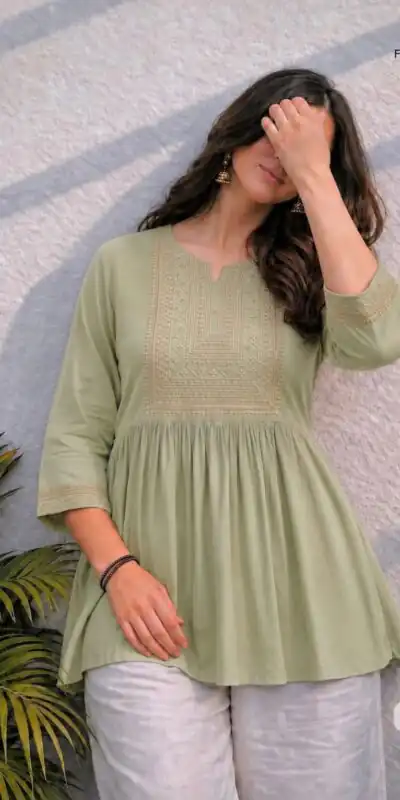 Adaa 2.0 Pista Colour Rayon Cotton Kurti with Embroidery Work. Introductory Price ₹1549. Delivery 4-6 Working Days. Shop now. | Bollywood Kurti, Creative Kurtis, Designer Kurti, Kurti, Party Wear Kurti, Selfie Kurti