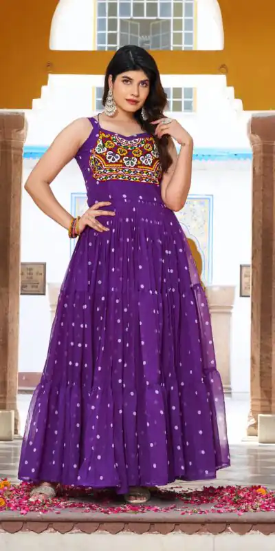 Ram 112 Purple in Colour Faux Georgette Bandhani Print Work Gown. Available at ₹1949 only. Delivery 4-6 Working Days. Shop now. | Bollywood Gowns, Creative Gowns, Designer Gowns, Embroidered Gowns, Gowns, Party Wear Gowns