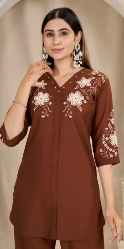 DIVA 169 Rust Colour Rayon Cotton Kurti with Embroidery Work. Introductory Price ₹1999. Delivery 4-6 Working Days. Shop now. | Bollywood Kurti, Creative Kurtis, Designer Kurti, Kurti, Party Wear Kurti, Selfie Kurti