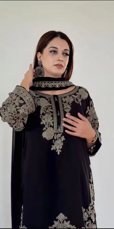 SR 1720 Black Faux Georgette Salwar Suit with Mirror Work & Embroidery Work. Get it for ₹2549. Delivery 4-6 Working Days. Shop now. | Casual Suits, Jump Suits, Creative suits, Designer Suits, Palazzo Suits, Party Wear Suits, Patiala Suits, Salwar suit, Straight Suits