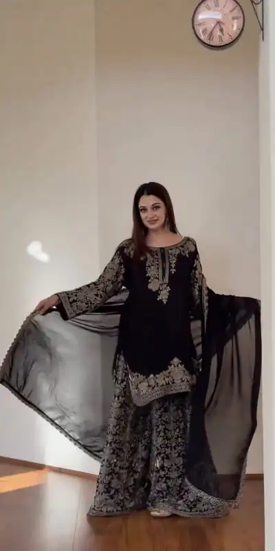 SR 1720 Black Faux Georgette Salwar Suit with Mirror Work & Embroidery Work. Get it for ₹2549. Delivery 4-6 Working Days. Shop now. | Casual Suits, Jump Suits, Creative suits, Designer Suits, Palazzo Suits, Party Wear Suits, Patiala Suits, Salwar suit, Straight Suits