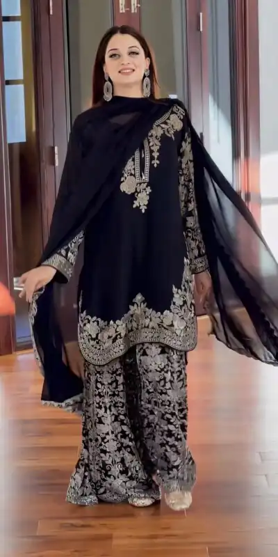 SR 1720 Black Faux Georgette Salwar Suit with Mirror Work & Embroidery Work. Get it for ₹2549. Delivery 4-6 Working Days. Shop now. | Casual Suits, Jump Suits, Creative suits, Designer Suits, Palazzo Suits, Party Wear Suits, Patiala Suits, Salwar suit, Straight Suits