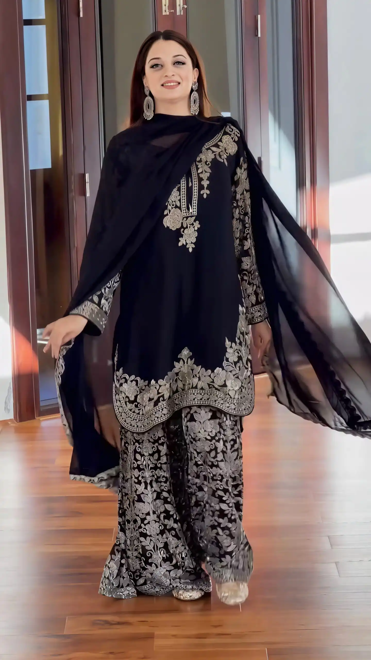 SR 1720 Black Faux Georgette Salwar Suit with Mirror Work & Embroidery Work. Get it for ₹2549. Delivery 4-6 Working Days. Shop now. | Casual Suits, Jump Suits, Creative suits, Designer Suits, Palazzo Suits, Party Wear Suits, Patiala Suits, Salwar suit, Straight Suits