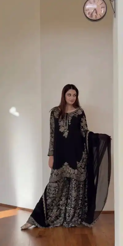 SR 1720 Black Faux Georgette Salwar Suit with Mirror Work & Embroidery Work. Get it for ₹2549. Delivery 4-6 Working Days. Shop now. | Casual Suits, Jump Suits, Creative suits, Designer Suits, Palazzo Suits, Party Wear Suits, Patiala Suits, Salwar suit, Straight Suits