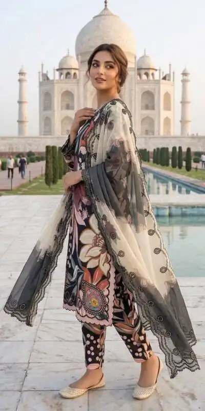LG 2094 Black Perfect for Wedding, Party, Ganesh Chaturthi, Cultural Events, Durga Puja – Printed Muslin Salwar Suit. Now at just ₹2299. Delivery 4-6 Worki | Casual Suits, Jump Suits, Creative suits, Designer Suits, Palazzo Suits, Party Wear Suits, Patiala Suits, Salwar suit, Straight Suits