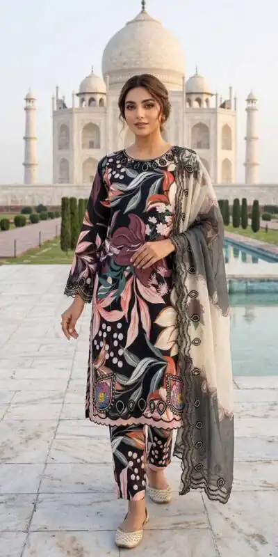 LG 2094 Black Perfect for Wedding, Party, Ganesh Chaturthi, Cultural Events, Durga Puja – Printed Muslin Salwar Suit. Now at just ₹2299. Delivery 4-6 Worki | Casual Suits, Jump Suits, Creative suits, Designer Suits, Palazzo Suits, Party Wear Suits, Patiala Suits, Salwar suit, Straight Suits