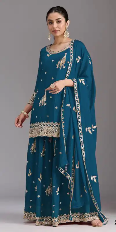 FC 2120 Blue Color chinon Print Silk with Dall Crepe Sharara Suit Wedding, Party, Festive, Events Etc.  Expected Delivery 4-6 Working Days @2399/- | Casual Suits, Jump Suits, Creative suits, Designer Suits, Palazzo Suits, Party Wear Suits, Patiala Suits, Salwar suit, Straight Suits