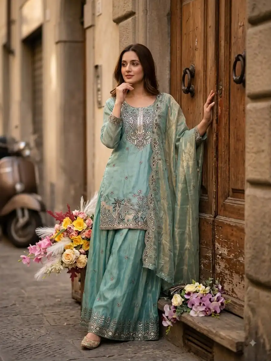 WW 1280 Blue Fendy Silk Salwar Suitwith Embroidery Work & Lace Work. Now at just ₹2449. Delivery 4-6 Working Days. Shop now. | Casual Suits, Jump Suits, Creative suits, Designer Suits, Palazzo Suits, Party Wear Suits, Patiala Suits, Salwar suit, Straight Suits