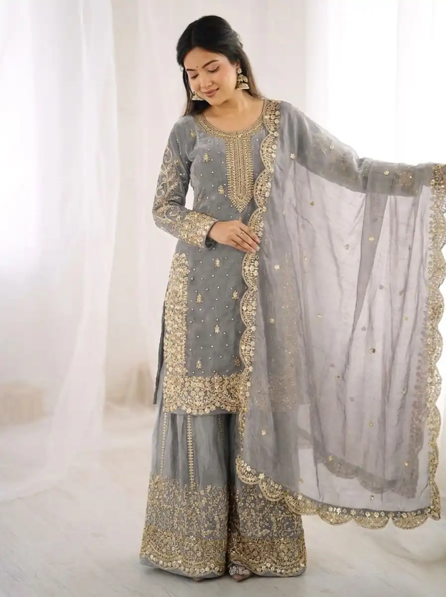 ZSR 3167 Grey Fendy Silk Salwar Suitwith Embroidery Work & Lace Work. Now at just ₹2149. Delivery 4-6 Working Days. Shop now. | Casual Suits, Jump Suits, Creative suits, Designer Suits, Palazzo Suits, Party Wear Suits, Patiala Suits, Salwar suit, Straight Suits
