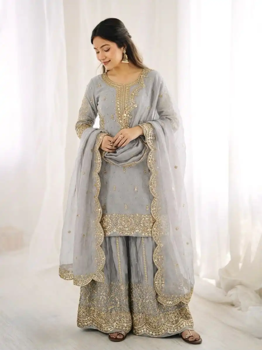 ZSR 3167 Grey Fendy Silk Salwar Suitwith Embroidery Work & Lace Work. Now at just ₹2149. Delivery 4-6 Working Days. Shop now. | Casual Suits, Jump Suits, Creative suits, Designer Suits, Palazzo Suits, Party Wear Suits, Patiala Suits, Salwar suit, Straight Suits