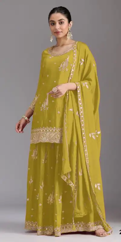 FC 2120 Mustered Color chinon Print Silk with Dall Crepe Sharara Suit Wedding, Party, Festive, Events Etc.  Expected Delivery 4-6 Working Days @2399/- | Casual Suits, Jump Suits, Creative suits, Designer Suits, Palazzo Suits, Party Wear Suits, Patiala Suits, Salwar suit, Straight Suits