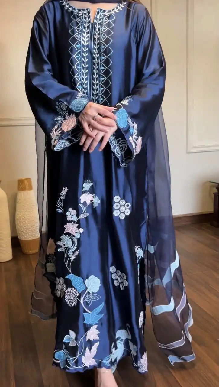 RTC 6053 Navy Blue Jura Silk Salwar Suit with Embroidery Work & Thread Embroidery. Grab it for ₹2399. Delivery 4-6 Working Days. Shop now. | Casual Suits, Jump Suits, Creative suits, Designer Suits, Palazzo Suits, Party Wear Suits, Patiala Suits, Salwar suit, Straight Suits