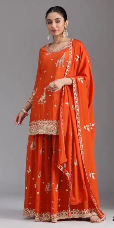 FC 2120 Orange Color chinon Print Silk with Dall Crepe Sharara Suit Wedding, Party, Festive, Events Etc.  Expected Delivery 4-6 Working Days @2399/- | Casual Suits, Jump Suits, Creative suits, Designer Suits, Palazzo Suits, Party Wear Suits, Patiala Suits, Salwar suit, Straight Suits