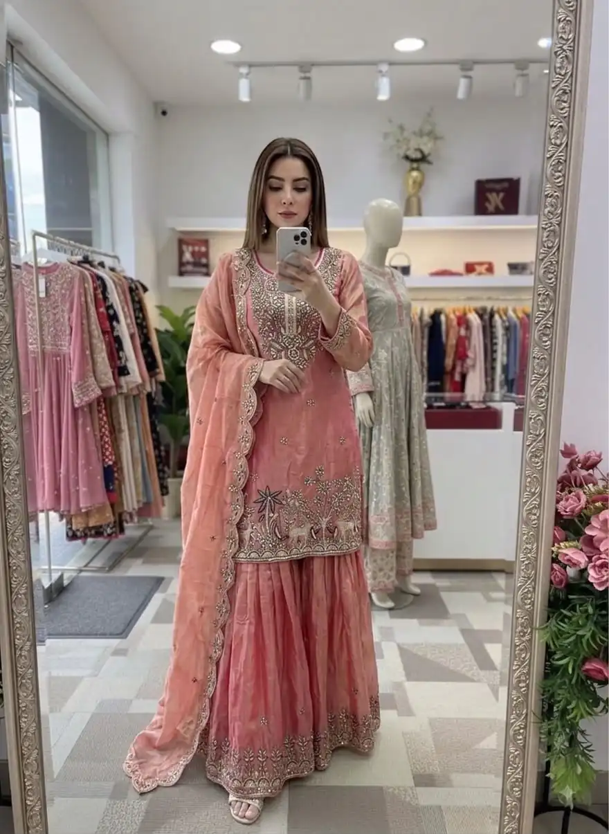 WW 1280 Peach Fendy Silk Salwar Suitwith Embroidery Work & Lace Work. Now at just ₹2449. Delivery 4-6 Working Days. Shop now. | Casual Suits, Jump Suits, Creative suits, Designer Suits, Palazzo Suits, Party Wear Suits, Patiala Suits, Salwar suit, Straight Suits