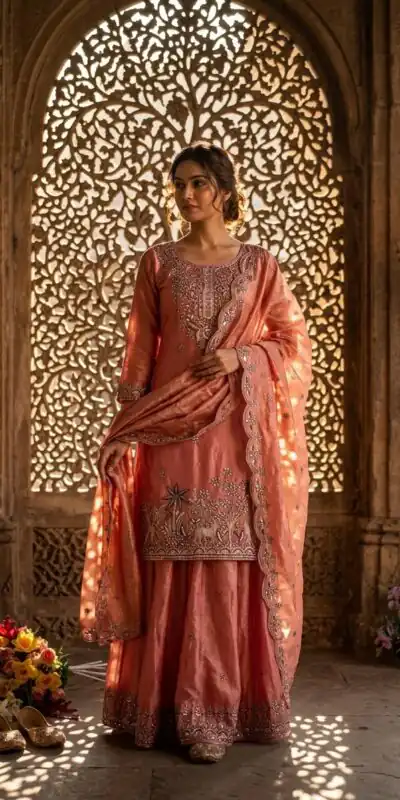 WW 1280 Peach Fendy Silk Salwar Suitwith Embroidery Work & Lace Work. Now at just ₹2449. Delivery 4-6 Working Days. Shop now. | Casual Suits, Jump Suits, Creative suits, Designer Suits, Palazzo Suits, Party Wear Suits, Patiala Suits, Salwar suit, Straight Suits