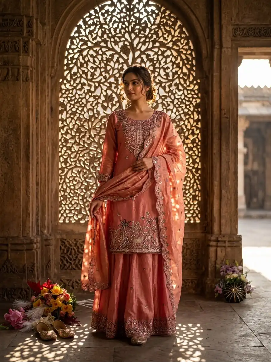 WW 1280 Peach Fendy Silk Salwar Suitwith Embroidery Work & Lace Work. Now at just ₹2449. Delivery 4-6 Working Days. Shop now. | Casual Suits, Jump Suits, Creative suits, Designer Suits, Palazzo Suits, Party Wear Suits, Patiala Suits, Salwar suit, Straight Suits