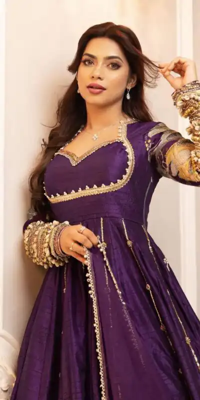 ST 1039 in Purple Blooming Vichitra Zari Work & Embroidery Work Gown . Festive Deal ₹2399. Delivery 4-6 Working Days. Shop now. | Bollywood Gowns, Creative Gowns, Designer Gowns, Embroidered Gowns, Gowns, Party Wear Gowns