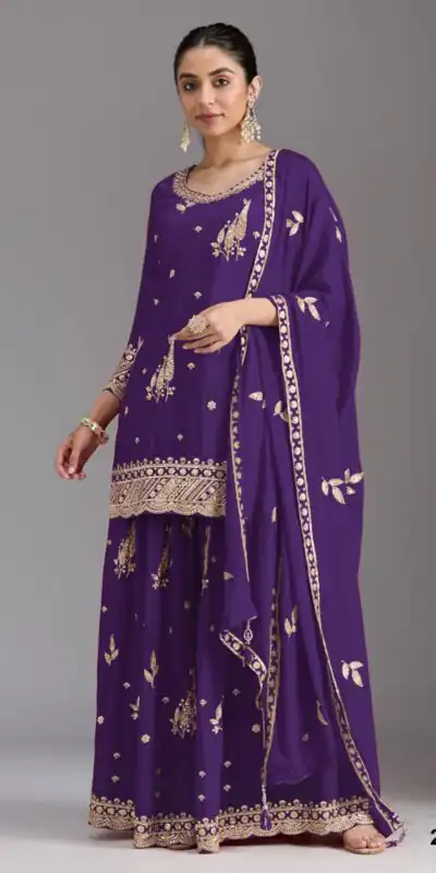 FC 2120 Purple Color chinon Print Silk with Dall Crepe Sharara Suit Wedding, Party, Festive, Events Etc.  Expected Delivery 4-6 Working Days @2399/- | Casual Suits, Jump Suits, Creative suits, Designer Suits, Palazzo Suits, Party Wear Suits, Patiala Suits, Salwar suit, Straight Suits