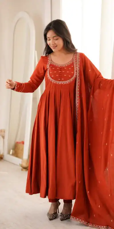 KB 312 Rust Roman Silk Chanderi Anarkali Suit with Thread Embroidery & Embroidery Work. Special Price ₹2299. Delivery 4-6 Working Days. Shop now. | Anarkali Suits, Bollywood Anarkali, Creative-Anarkali, Designer Anarkali, Embroidered Anarkali, Party Wear Anarkali