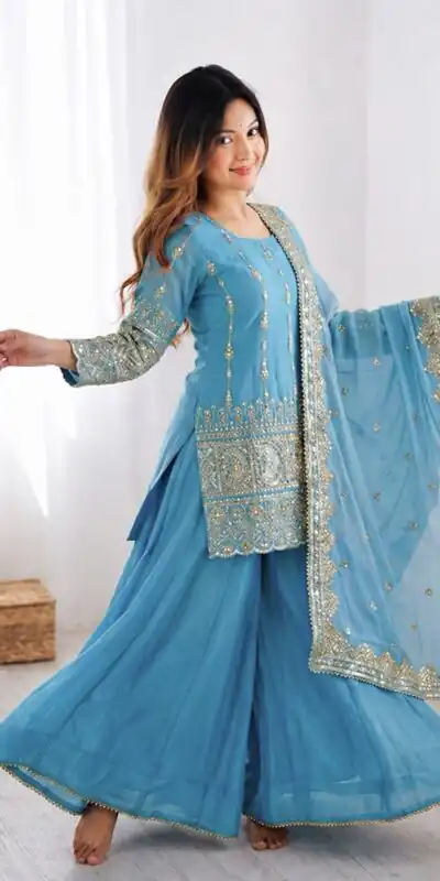 ZF 430 Sky Blue Vichitra Silk Salwar Suit with Embroidery Work. Wedding, Party, Festive, Events, Grab it for ₹2399. Delivery 4-6 Working Days. Shop now. | Casual Suits, Jump Suits, Creative suits, Designer Suits, Palazzo Suits, Party Wear Suits, Patiala Suits, Salwar suit, Straight Suits