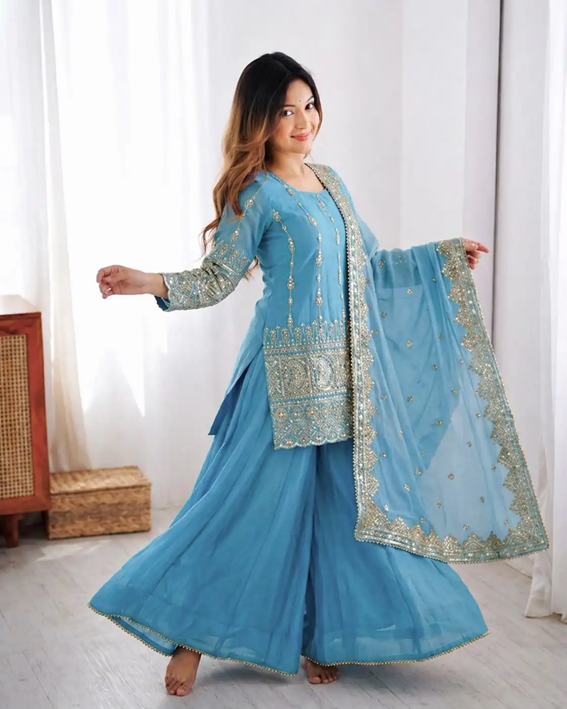 ZF 430 Sky Blue Vichitra Silk Salwar Suit with Embroidery Work. Wedding, Party, Festive, Events, Grab it for ₹2399. Delivery 4-6 Working Days. Shop now. | Casual Suits, Jump Suits, Creative suits, Designer Suits, Palazzo Suits, Party Wear Suits, Patiala Suits, Salwar suit, Straight Suits