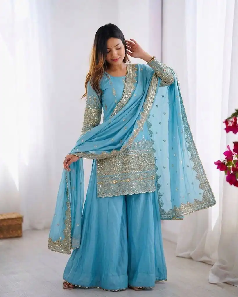 ZF 430 Sky Blue Vichitra Silk Salwar Suit with Embroidery Work. Wedding, Party, Festive, Events, Grab it for ₹2399. Delivery 4-6 Working Days. Shop now. | Casual Suits, Jump Suits, Creative suits, Designer Suits, Palazzo Suits, Party Wear Suits, Patiala Suits, Salwar suit, Straight Suits