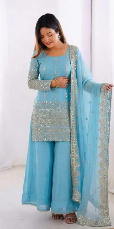ZF 430 Sky Blue Vichitra Silk Salwar Suit with Embroidery Work. Wedding, Party, Festive, Events, Grab it for ₹2399. Delivery 4-6 Working Days. Shop now. | Casual Suits, Jump Suits, Creative suits, Designer Suits, Palazzo Suits, Party Wear Suits, Patiala Suits, Salwar suit, Straight Suits