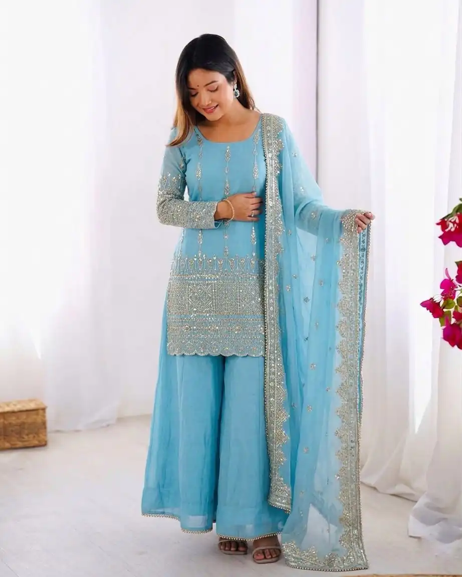 ZF 430 Sky Blue Vichitra Silk Salwar Suit with Embroidery Work. Wedding, Party, Festive, Events, Grab it for ₹2399. Delivery 4-6 Working Days. Shop now. | Casual Suits, Jump Suits, Creative suits, Designer Suits, Palazzo Suits, Party Wear Suits, Patiala Suits, Salwar suit, Straight Suits