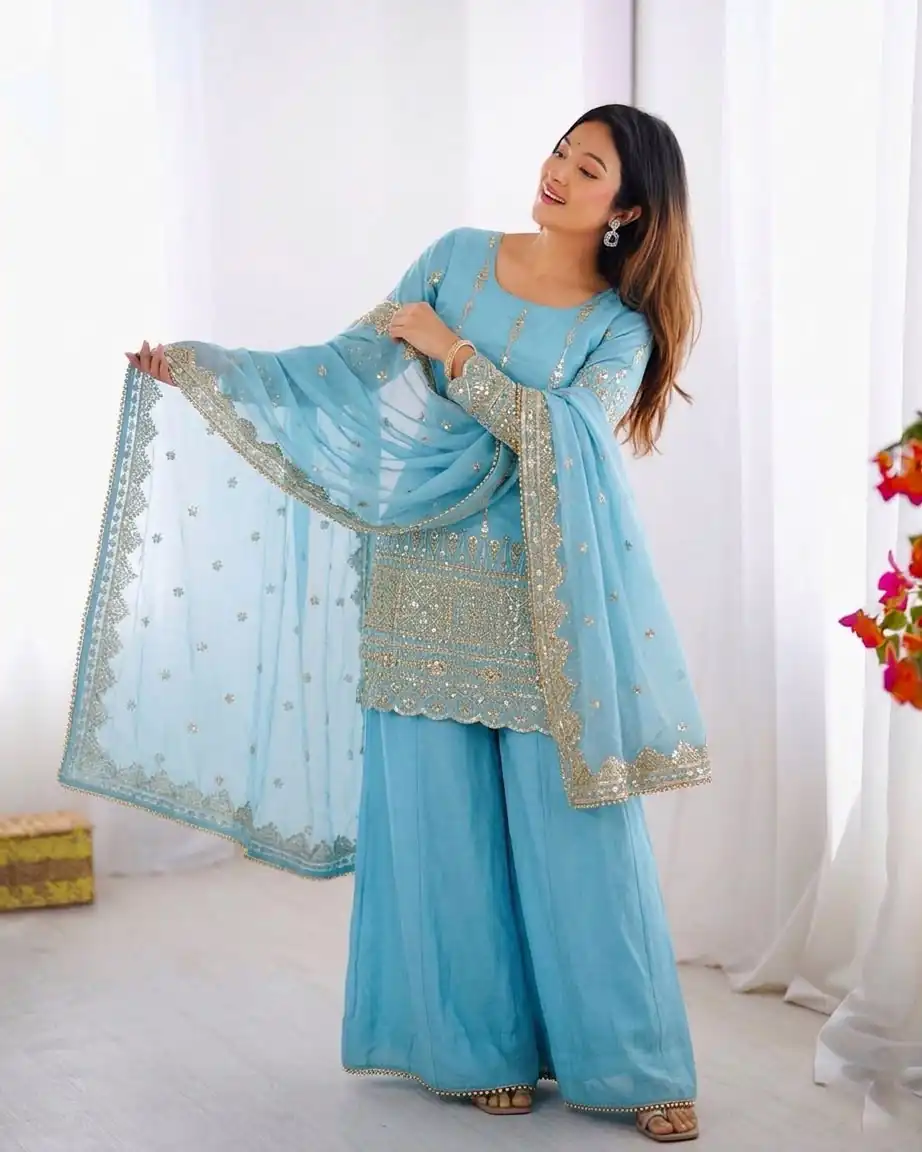 ZF 430 Sky Blue Vichitra Silk Salwar Suit with Embroidery Work. Wedding, Party, Festive, Events, Grab it for ₹2399. Delivery 4-6 Working Days. Shop now. | Casual Suits, Jump Suits, Creative suits, Designer Suits, Palazzo Suits, Party Wear Suits, Patiala Suits, Salwar suit, Straight Suits