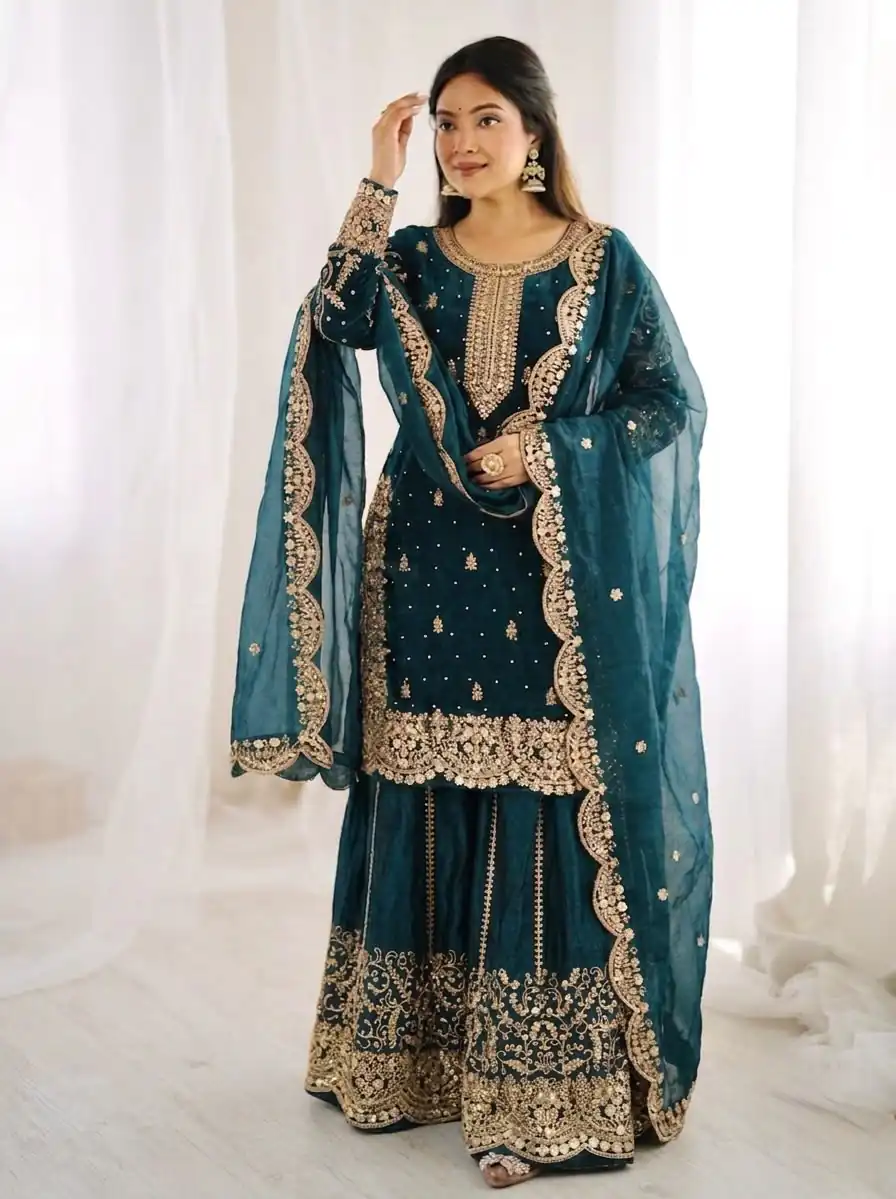 ZSR 3167 Teal Fendy Silk Salwar Suitwith Embroidery Work & Lace Work. Now at just ₹2149. Delivery 4-6 Working Days. Shop now. | Casual Suits, Jump Suits, Creative suits, Designer Suits, Palazzo Suits, Party Wear Suits, Patiala Suits, Salwar suit, Straight Suits