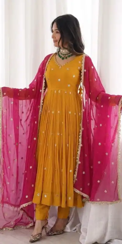 SRK 5313 Yellow in Faux Georgette Embroidery Work Salwar Suit . Available at ₹2099 only. Delivery 4-6 Working Days. Shop now. | Casual Suits, Jump Suits, Creative suits, Designer Suits, Palazzo Suits, Party Wear Suits, Patiala Suits, Salwar suit, Straight Suits