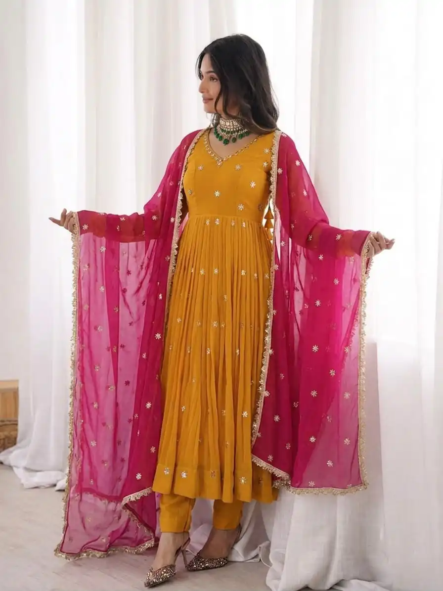 SRK 5313 Yellow in Faux Georgette Embroidery Work Salwar Suit . Available at ₹2099 only. Delivery 4-6 Working Days. Shop now. | Casual Suits, Jump Suits, Creative suits, Designer Suits, Palazzo Suits, Party Wear Suits, Patiala Suits, Salwar suit, Straight Suits