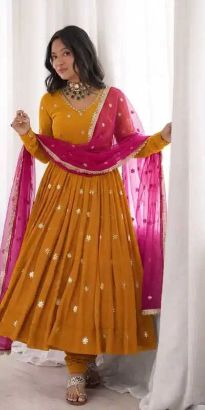 SRK 5313 Yellow in Faux Georgette Embroidery Work Salwar Suit . Available at ₹2099 only. Delivery 4-6 Working Days. Shop now. | Casual Suits, Jump Suits, Creative suits, Designer Suits, Palazzo Suits, Party Wear Suits, Patiala Suits, Salwar suit, Straight Suits