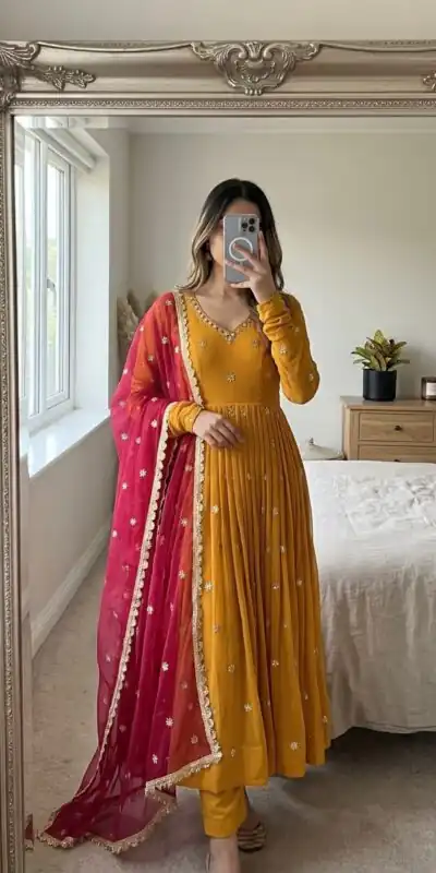 SRK 5313 Yellow in Faux Georgette Embroidery Work Salwar Suit . Available at ₹2099 only. Delivery 4-6 Working Days. Shop now. | Casual Suits, Jump Suits, Creative suits, Designer Suits, Palazzo Suits, Party Wear Suits, Patiala Suits, Salwar suit, Straight Suits