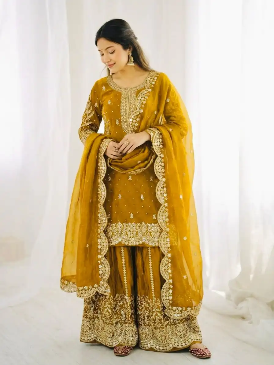ZSR 3167 Yellow Fendy Silk Salwar Suitwith Embroidery Work & Lace Work. Now at just ₹2149. Delivery 4-6 Working Days. Shop now. | Casual Suits, Jump Suits, Creative suits, Designer Suits, Palazzo Suits, Party Wear Suits, Patiala Suits, Salwar suit, Straight Suits