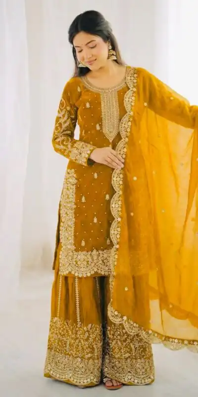 ZSR 3167 Yellow Fendy Silk Salwar Suitwith Embroidery Work & Lace Work. Now at just ₹2149. Delivery 4-6 Working Days. Shop now. | Casual Suits, Jump Suits, Creative suits, Designer Suits, Palazzo Suits, Party Wear Suits, Patiala Suits, Salwar suit, Straight Suits