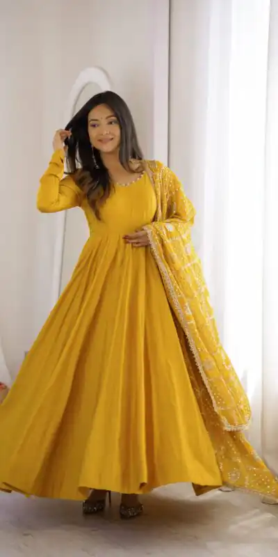 KB 313 Yellow Anarkali Suit with Thread Embroidery & Embroidery Work. Special Price ₹2299. Delivery 4-6 Working Days. Shop now. | Anarkali Suits, Bollywood Anarkali, Creative-Anarkali, Designer Anarkali, Embroidered Anarkali, Party Wear Anarkali
