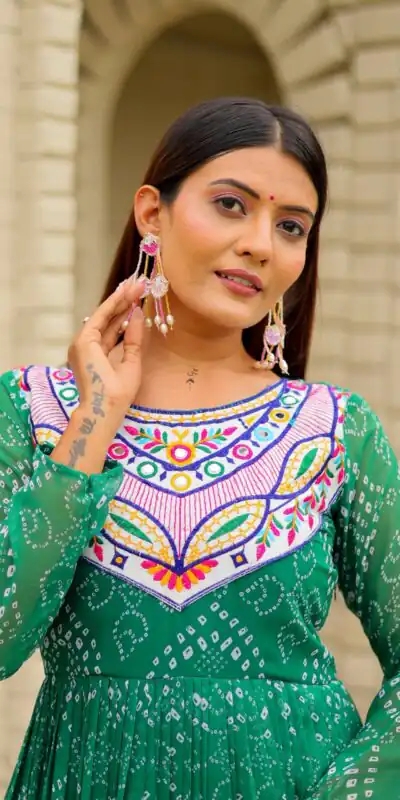 Ram 130 Green in Colour Faux Georgette Bandhani Print Work Gown. Available at ₹1749 only. Delivery 4-6 Working Days. Shop now. | Bollywood Gowns, Creative Gowns, Designer Gowns, Embroidered Gowns, Gowns, Party Wear Gowns