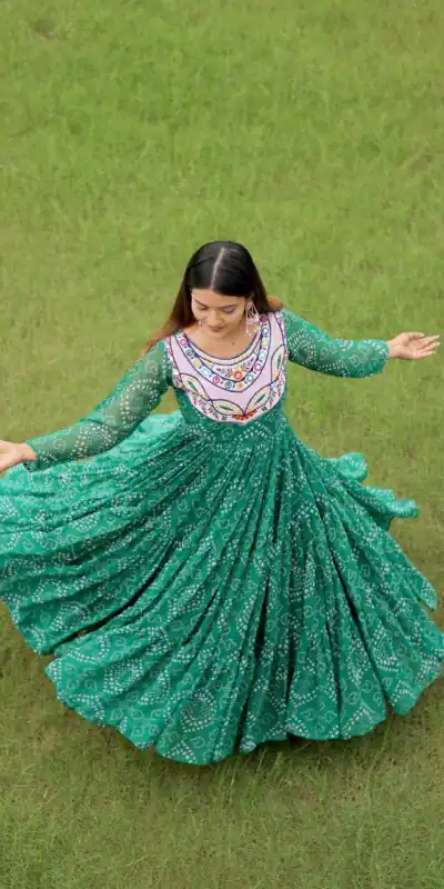 Ram 130 Green in Colour Faux Georgette Bandhani Print Work Gown. Available at ₹1749 only. Delivery 4-6 Working Days. Shop now. | Bollywood Gowns, Creative Gowns, Designer Gowns, Embroidered Gowns, Gowns, Party Wear Gowns