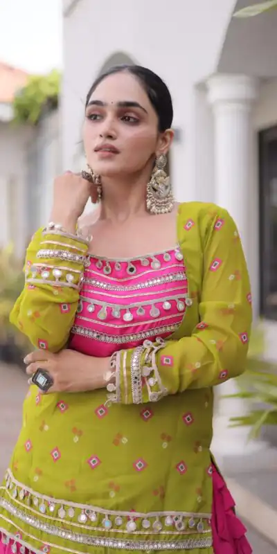 KA 5076 Mahendi Rayon Embroidery Work & Cowrie Work Lehenga Choli . Grab it for ₹2749. Delivery 4-6 Working Days. Shop now. | Bollywood Lehenga, Creative Lehenga, Designer Lehenga, Embroidered Lehenga, Lehenga, Party Wear Lehenga