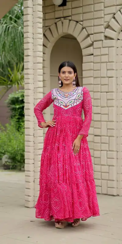 Ram 130 Pink in Colour Faux Georgette Bandhani Print Work Gown. Available at ₹1749 only. Delivery 4-6 Working Days. Shop now. | Bollywood Gowns, Creative Gowns, Designer Gowns, Embroidered Gowns, Gowns, Party Wear Gowns