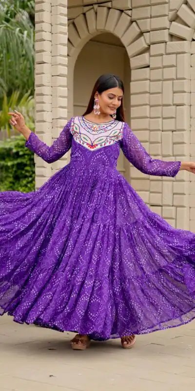 Ram 130 Purple in Colour Faux Georgette Bandhani Print Work Gown. Available at ₹1749 only. Delivery 4-6 Working Days. Shop now. | Bollywood Gowns, Creative Gowns, Designer Gowns, Embroidered Gowns, Gowns, Party Wear Gowns