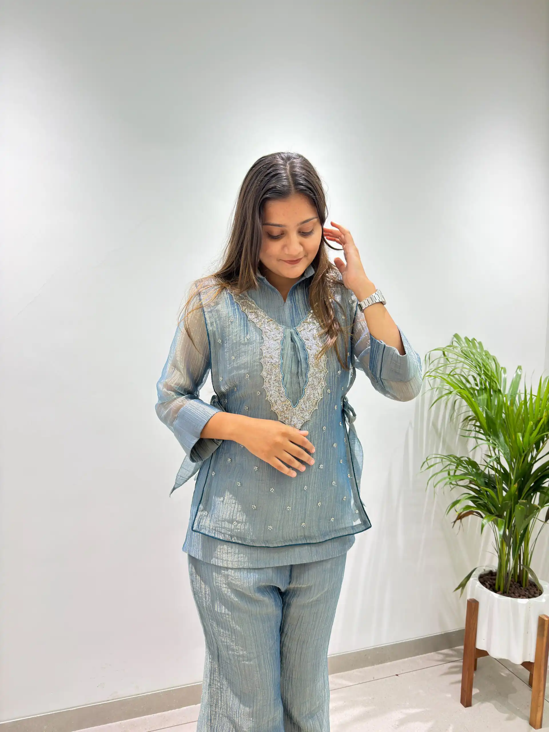 BE 493 Blue Colour | Brown Salsa Silk Kurti with Hand Work. Get it for ₹2199. Delivery 4-6 Working Days. Online Shop now. | Bollywood Kurti, Creative Kurtis, Designer Kurti, Kurti, Party Wear Kurti, Selfie Kurti