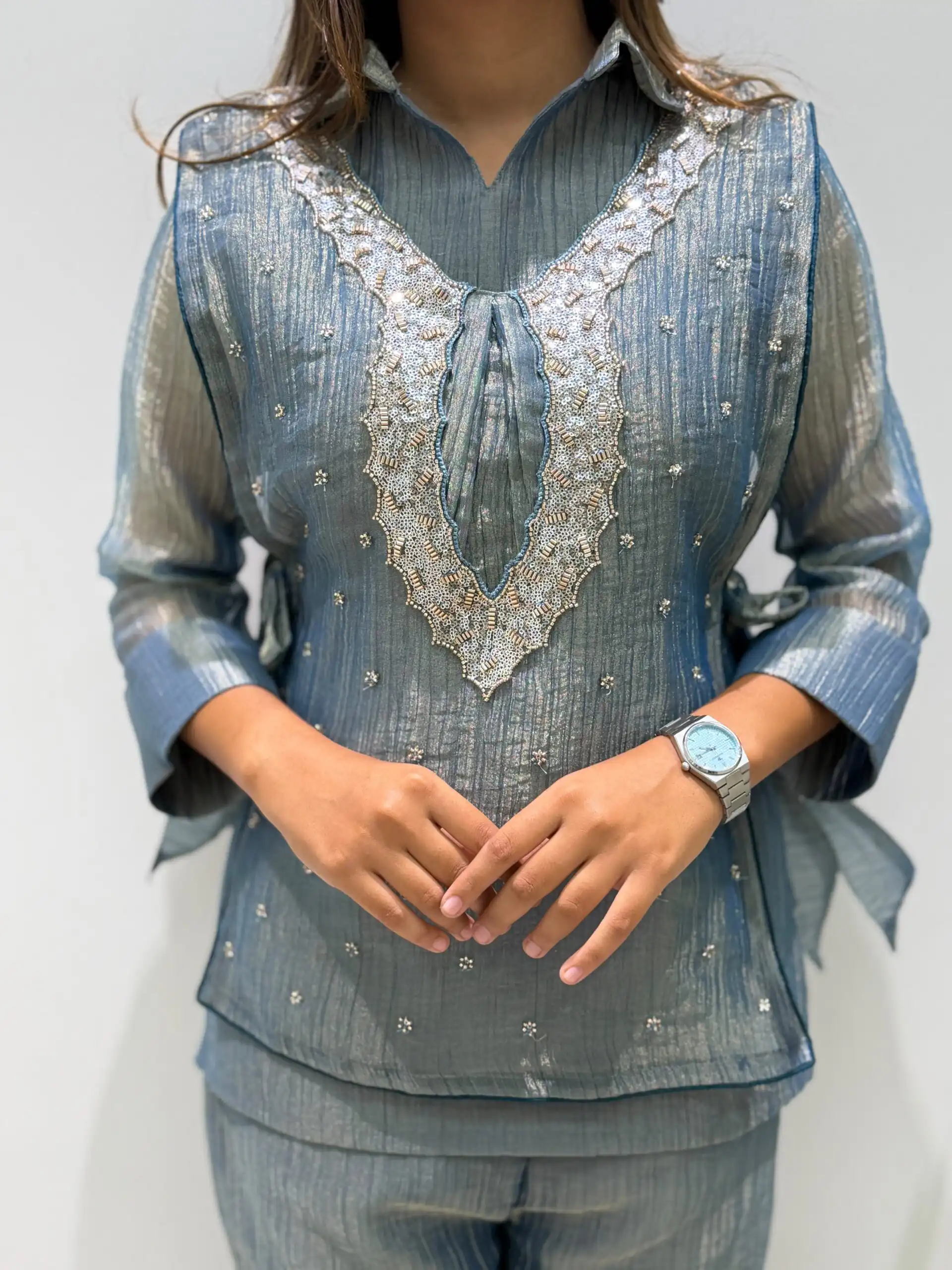 BE 493 Blue Colour | Brown Salsa Silk Kurti with Hand Work. Get it for ₹2199. Delivery 4-6 Working Days. Online Shop now. | Bollywood Kurti, Creative Kurtis, Designer Kurti, Kurti, Party Wear Kurti, Selfie Kurti
