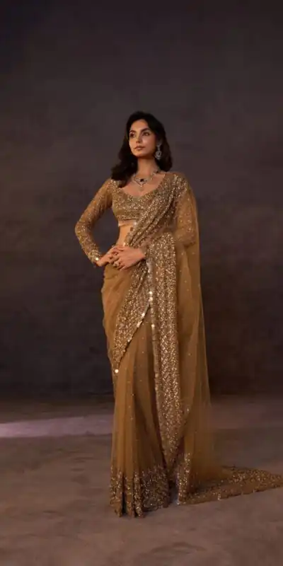 DF 3485 Chiku Butterfly Net Saree Sequence with Work & Zari Work. Introductory Price ₹1999. Delivery 4-6 Working Days. Shop now. | Creative Sarees, Bollywood Sarees, Designer Sarees, Embroidered Sarees, Ethnic Saree, Modern Digital sarees, Party Wear Sarees, Sarees