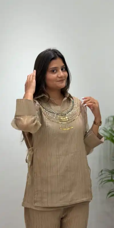 BE 484 Chiku Colour | Brown Salsa Silk Kurti with Hand Work. Get it for ₹2199. Delivery 4-6 Working Days. Online Shop now. | Bollywood Kurti, Creative Kurtis, Designer Kurti, Kurti, Party Wear Kurti, Selfie Kurti
