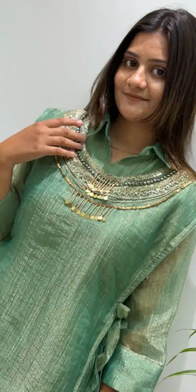 BE 484 Pista Colour | Brown Salsa Silk Kurti with Hand Work. Get it for ₹2199. Delivery 4-6 Working Days. Online Shop now. | Bollywood Kurti, Creative Kurtis, Designer Kurti, Kurti, Party Wear Kurti, Selfie Kurti