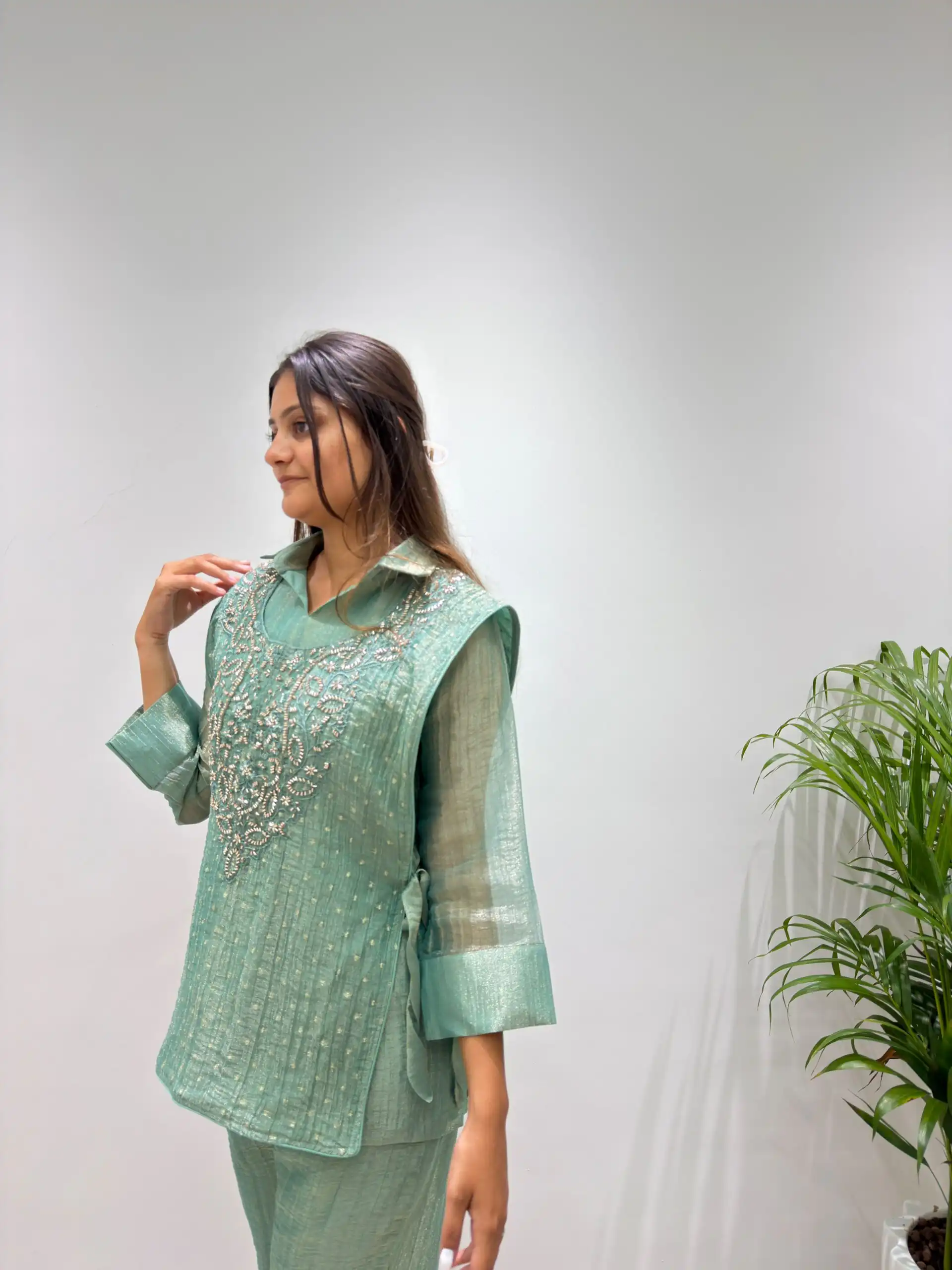 BE 484 Sea Green Colour | Brown Salsa Silk Kurti with Hand Work. Get it for ₹2199. Delivery 4-6 Working Days. Online Shop now. | Bollywood Kurti, Creative Kurtis, Designer Kurti, Kurti, Party Wear Kurti, Selfie Kurti
