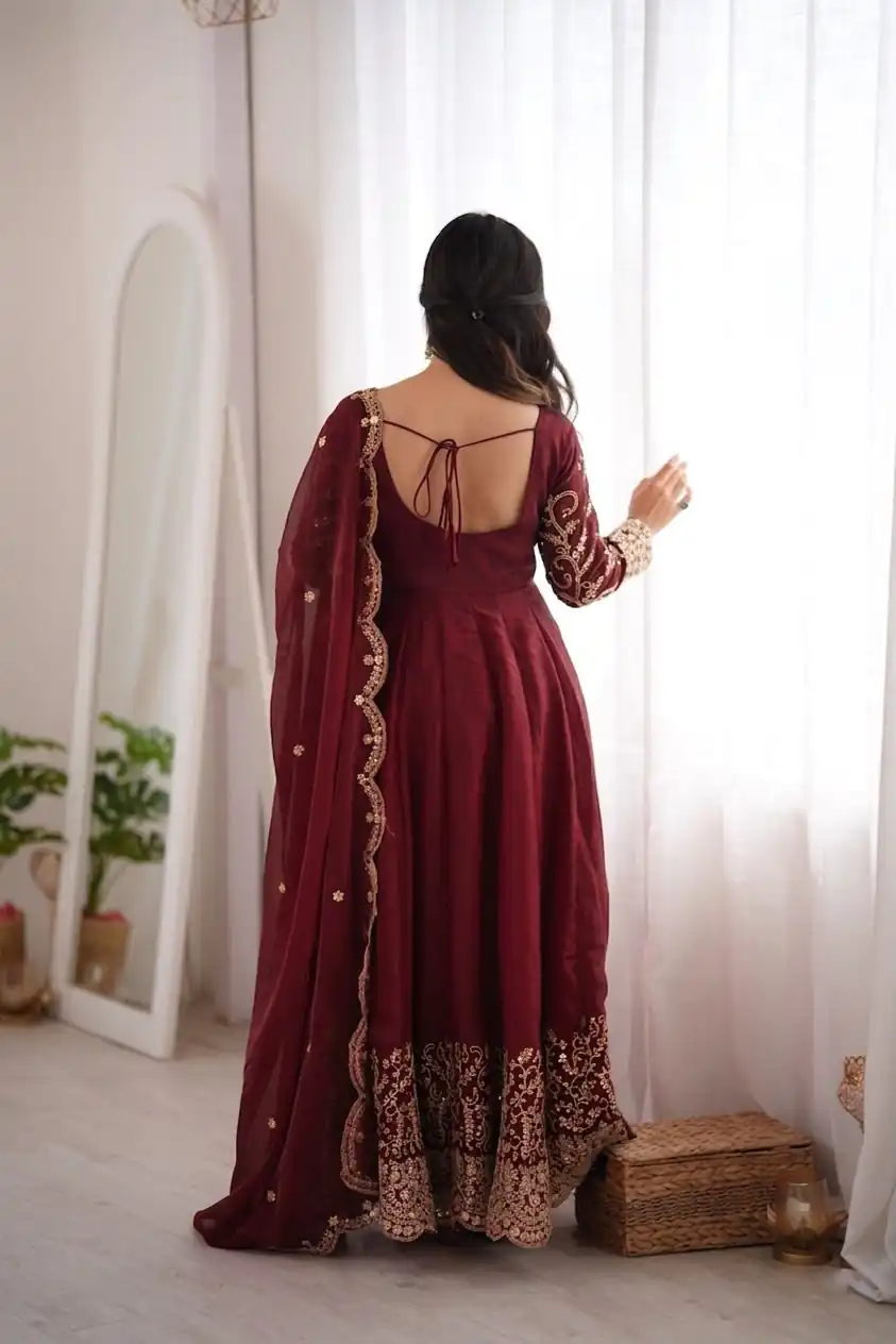 Fancy Maroon Fendy Silk Embroider Sequins Work Gown - Image 8