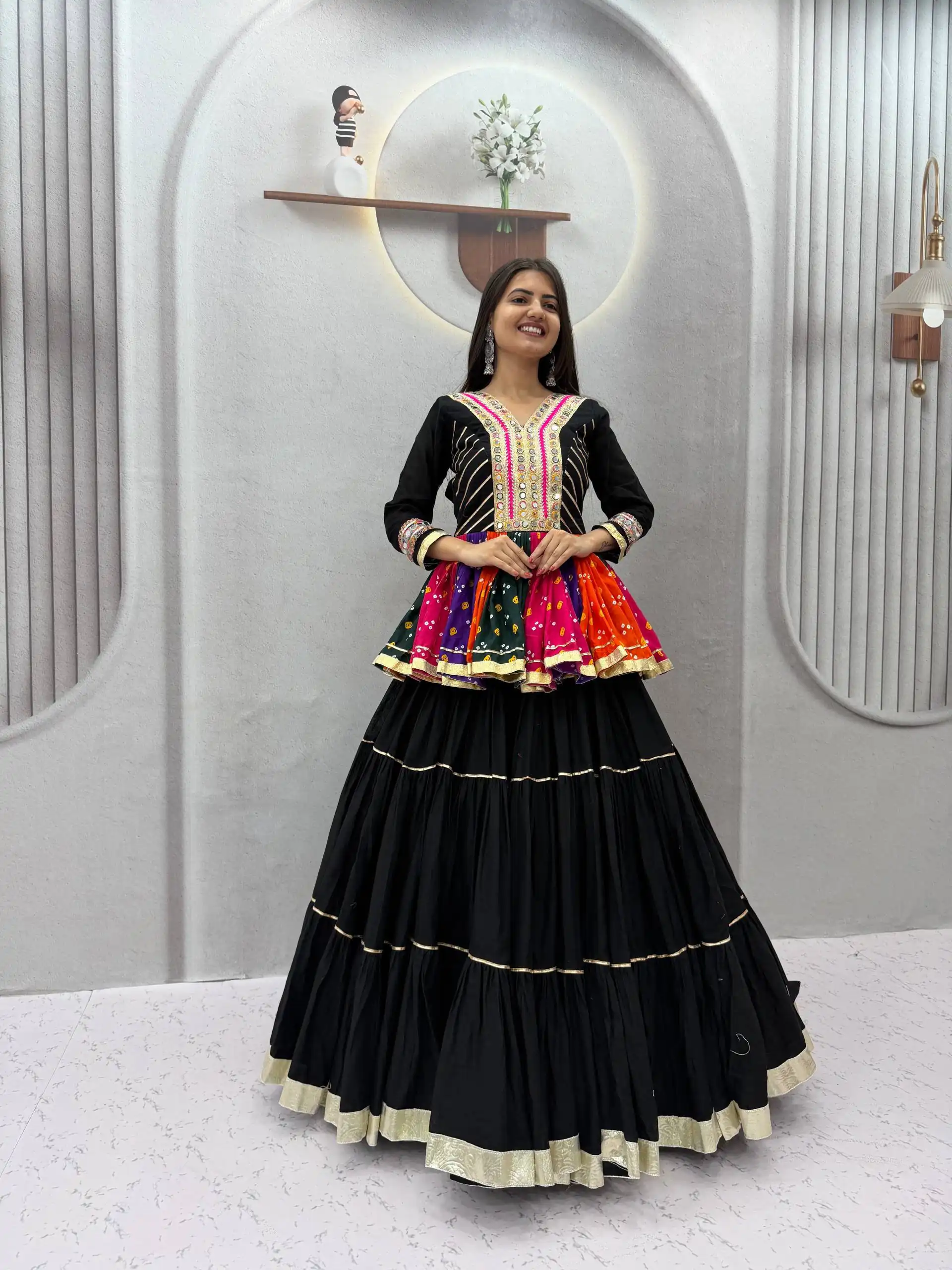 Aglow Black Pure Cotton Gamthi Work Lehenga Choli